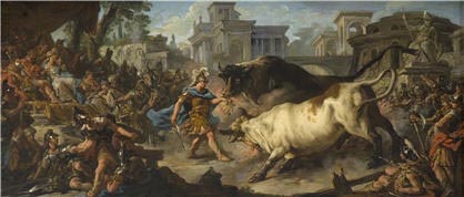 Jason taming the bulls of Aeetes oil painting by Jean Francois de Troy depicting the classical Greek hero Jason during one of his challenges during hi